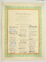 1945 XIII. kerületi polgármesteri hivatal alkalmazottai által aláírt oklevél műszaki főtanácsos kollégájuk kinevezésére. 3 oldal aláírásokkal