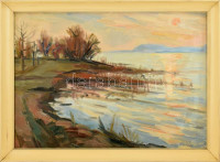 Halász Szabó Sándor (1920-1997): Aranyhíd a Balatonon. Olaj, vászon, jelzett, keretben. 50x70 cm