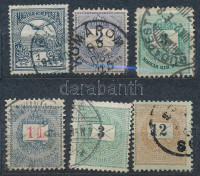 5 db Krajcáros és 1 db Turul bélyeg, az 1 ft és a 2 kr értékek 11 1/2 fogazásúak