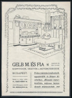 cca 1900-1910 Vegyes reklám tétel, szecessziós grafikával, 3 db, 'Gelb M. és Fia cs. és kir. udvari kárpitosok, díszítők és bútorgyárosok. Budapest, VI. Teréz-körut 46.', papír kartonon, jelzett (B.V./V.B.?), 26x19 cm; 'Szűcs A.