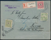1900.jan.19. Második súlyfokozatú ajánlott levél vegyes bérmentesítéssel 'VÁG-SELLYE' - Nizza (Franciaország), az 5kr 11 1/2 sorfogazással!! + 30kr + 5f, 75f tarifahelyes bérmentesítéssel RRRR!