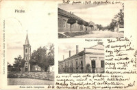 1907 Piszke (Lábatlan), Római katolikus templom, Nagyvendéglő, étterem, Fő utca. Kardos Dezső felvétele és kiadása