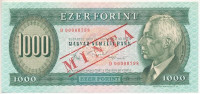 1983. november 10. 1000Ft 'D 00000798' sorszámmal, piros 'MINTA' felülnyomással és perforációval T:I / Hungary 10.11.1983. 1000 Forint with 'D 00000798' serial number and with red 'MINTA' (SPECIMEN) overprint and perforation C:UNC Adamo F45.2M