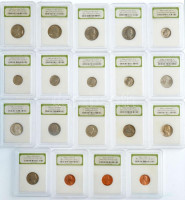 Amerikai Egyesült Államok 19xklf érméből álló szett, mindegyik darab 'International Numismatic Bureau' műanyag tokban, a teljes szett eredeti 'Professional Coin Grading Service' műanyag dobozban. Benne: 1967-1973. 1c Br 'Lincoln' (3xklf) +