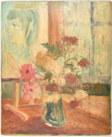 Szabó jelzéssel: Virágcsendélet női portréval. Olaj, farost, 73x61 cm