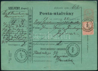 POSTATÖRTÉNETI RITKASÁG!! 1874 Postautalvány 5kr díjjeggyel és a SZIGETVÁRI PROVIZÓRIUM-hoz hasonló megoldású, kivágott (kicakkozott) 5kr díjjeggyel történt díjkiegészítéssel 'FEKETE ERDŐ SCHWARZWALD' - 'NAGYVÁRAD' Rendkívüli