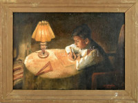 Gombár jelzéssel: Kisfiú lámpafényben. Olaj, vászon. Fa keretben. 49,5x69,5 cm