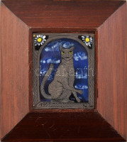 KI 1991 jelzéssel: Macska. Tűzzománc, fakeretben, 8,5x7 cm