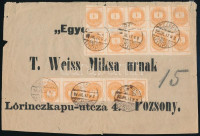 1892 Addresszettel Pozsonyba Hírlapbélyeg tízes tömbbel és ötös csíkkal bérmentesítve, nagy összefüggés küldeményen R!