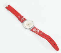 2005 Swatch svájci kvarc női karóra, hímzett mintás vászon szíjjal, működik