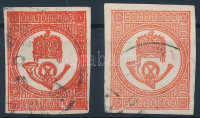 1871 Kőnyomat 2 db Hírlapbélyeg, téglavörös és sötétvörös színben, szép szélekkel (24.000)