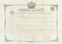 1903 Bp., díszes tanári oklevél, angyalos-koronás nagycímerrel, felzetes viaszpecséttel, 1K okmánybélyeggel, hajtott, 58,5x45,5 cm