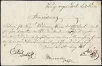 1848.VI.3. Bécs, a magyar királyi nemesi testőrség (Königlich ungarische Leibgarde) által kiadott, kézzel írt utasítás (Anweisung), autográf aláírásokkal (Eötvös, Udvarnoky, ...), német nyelven, szakadással