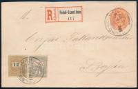 1900 jan. 26. 35f tarifás ajánlott levél vegyes bérmentesítéssel! A kombináció a viszonylag gyakori bérmentesítések között egyedi: 5kr díjjegyes boríték + 12kr + 1f. RRRR!