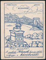 cca 1920-1940 'Kedves gyermekek! A valódi Franck kávépótlék védjegye a kávédaráló.', a háttérben a budai királyi palota és a Lánchíd illusztrációjával, Bp., Klösz-ny., 19,5x15 cm