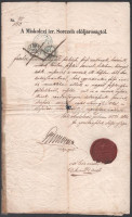 1860 Miskolc, a Miskolczi izraelita Sorczéh igazolása Fischer Bernát férfiszabó részére, a céh viaszpecsétjével, aláírásokkal, 30+6 kr okmánybélyeggel, szakadt