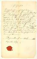 1861 Nagyfalva (ma: Mogersdorf, Burgenland, AU) a falusi bíró német nyelvű igazolása nagyfalvi lakos korábbi (1848-as) katonai szolgálatáról, a község rányomott viaszpecsétjével, külzetén a szentgotthárdi főbíró magyar nyelvű