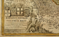 cca 1716 A Rajna felső vidékének térképe. Johann Baptist Homann: S.R.I. Circulus Rhenanus Inferior Sive Electorum Rheni : complectens tres Archiepiscopatus, Moguntium, Coloniensem et Trevirensem Palatinatum Rheni, Comit. Beilstein Newenaer,
