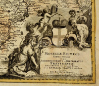 1720 A Tevere folyó menti területek térképe. Johann Baptist Homann: Mosellae Fluminis Tabula specialis in qua Archiepiscopatus et Electoratus Trevirensis in suas Praefecturas accurate divisus ut et Eyfaliae Tractus ostenditur Sumbtibus.