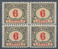 Bosznia-Hercegovina 1904 Portó 6f négyestömb 10 1/2 : 12 1/2 vegyes fogazással (1 bélyeg falcos, többi postatiszta / 3 stamps are MNH) Ritka különlegesség!