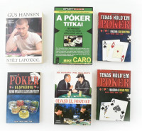 6 db pókerrel kapcsolatos könyv - Póker alapkönyv; Olvasd le, foszd ki; Nyílt lapokkal; A póker titkai; Texas hold'em poker. Kiadói papírkötésben, jó állapotban.