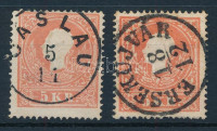 1858 2 db I. tipusú 5kr eltérő színárnyalatban magyar 'ÉRSEKÚJVÁR' és osztrák 'CASLAU' bélyegzés