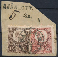 1871 Réznyomat 5kr + 15kr 2. súlyfokpzatú ajánlott levél kivágáson 'GALÁNTHA'