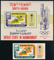 Aden Qu'aiti State in Hadhramaut 1967 6 db Nyári Olimpia, Mexikó vágott bélyeg + 6 db fogazott blokk Mi 107 B + Mi 7 A (Mi EUR 117.-)