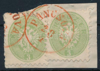 1864 2 x 3kr kivágáson piros 'PANCSOVA' (Gudlin 400 p)