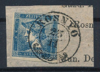 1851 Hírlapbélyeg címszalag kivágáson, sötétkék (feketéskék?) árnyalat 'ROSNYÓ'