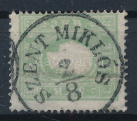 1858 3kr zöld 'SZENT MIKLÓS' bélyegzéssel (Gudlin 150 p) (regiszterhajtás, elvékonyodás / folded, thin paper)
