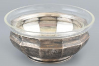 Ezüst (Ag) Art Deco kínálótál, üvegbetéttel, jelzett, hibátlan, nettó: 231 g, d: 19cm, m: 9cm