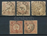 1868-tól 5 db Hírlapilletékbélyeg szép bélyegzésekkel, közte 2 db rézvörös