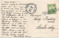 1908 Komárom, Komárno; A város látképe a kis hídról, uszály. Távirat drótüdvözlet montázs. E.D.K. 'Pannonia' / general view, bridge, barge. Montage with telegraph message (kis szakadás / small tear)