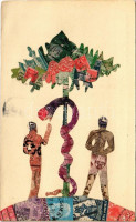Ádám és Éva. Bélyegekből kivágott montázs - Bélyeg-Muki Levelezőlapok, Márer Béla bélyegkereskedő kiadása / Adam and Eve. Montage made of stamps (EK)