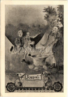 'Repet' cserkésztábor a tábor őre és kedvence kutyákkal / Hungarian scout art s: Benkő L. (EK)