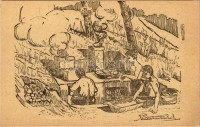 1922 Turul konyha. 'Hatvani Turul' cserkésztábor Balatonaliga (Balatonvilágos) 91. sz. Hatvani Turul Cserkészcsapat II. sor. / Hungarian boy scout art postcard, kitchen of the scout camp
