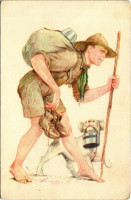 A cserkész takarékos. A Magyar Cserkészszövetség kiadása / Hungarian boy scout art postcard s: Márton L. (EK)