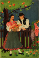 1952 Magyar folklór művészlap. Művészeti Alkotások / Hungarian folklore art postcard s: Lukáts Kató (EB)