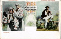 Rumänische Volkstrachten. Rumänische Frauen, Rumänischer Hirte mit Flöte. Siebenbürger Volkstrachten. Verlag Karl Graef / Román népviselet, erdélyi folklór / Transylvanian Romanian folklore. Art Nouveau, floral