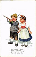 'Mei Schatz is a Jaaga' Children art postcard, hunter. B.K.W.I. 699-1. s: K. Feiertag (EK)