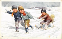 Children art postcard, winter sport, sled. B.K.W.I. 3017-1. s: K. Feiertag (EK)