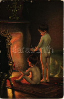 Nach dem Bade / Children art postcard. Stengel s: Paul Peel (lyukak / pinholes)