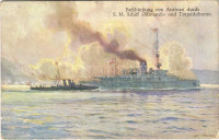 Beschießung von Antivari durch SM Schiff Monarch und Torpedoboote / SMS Monarch az Osztrák-Magyar Haditengerészet Monarch-osztályú partvédő csatahajója és egy torpedóromboló lövi Bar-t (Antivari) / WWI Austro-Hungarian Navy K.u.K.