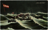 1914 SMS Panther osztrák-magyar torpedócirkáló este / K.u.K. Kriegsmarine / Austro-Hungarian Navy SMS Panther, torpedo cruiser at night, navy flag. G. Fano No. 75. + 'Feldpost' (EK)