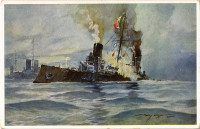 Torpedierung des ital. Panzerkreuzers Giuseppe Garibaldi. K.u.K. Kriegsmarine / WWI Austro-Hungarian Navy, Italian Armored cruiser. Offizielle Karte für Rotes Kreuz, Kriegsfürsorgeamt, Kriegshilfsbureau. Österreichischen Flottenverein s: Harry