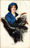 1914 'Motoring' Lady art postcard, chauffeur. The Carlton Publishing Co. Series No. 704/5. s: C. W. Barber (fa)