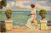 Isn't he coming? - Lady with tennis racket. Alex. Vincents Maleriserie Nr. 46. s: Paul Fischer (EK)
