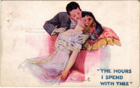 1915 'The hourse I spend with thee' Lady art postcard, romantic couple. E. J. Hey & Co. 'Cupid' Series No. 909. s: Sherie (EK)