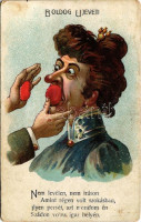 Nem levélen, nem íráson, amint régen volt szokásban, ilyen pecsét, azt mondom én, szádon volna igaz helyén. Boldog Újévet! / angry wife humour with New Year greeting, sealed mouth (kopott sarkak / worn corners)